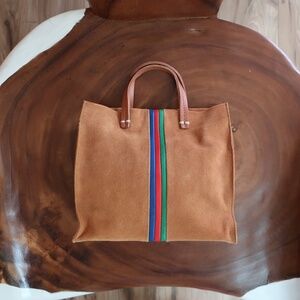 Clare V. Petit Simple Tote in Camel Suede w/Pacific Cherry Red & Emerald Stripes